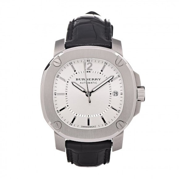 NWT BURBERRY BRITAIN AUTOMATIC STAINLESS STEEL ALLIGATOR LEATHER WATCH - Picture 1 of 7